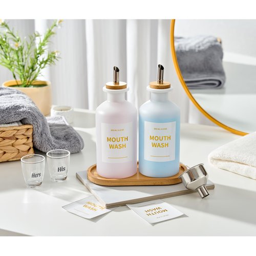 MUVEKA Glass Mouthwash Dispenser for Bathroom, 11.8oz Mouthwash Holder with Stianless Steel Spouts, Mouthwash Decanter with Bamboo Holder, Refillable Cups, Reusable Funnel, Golden Stickers