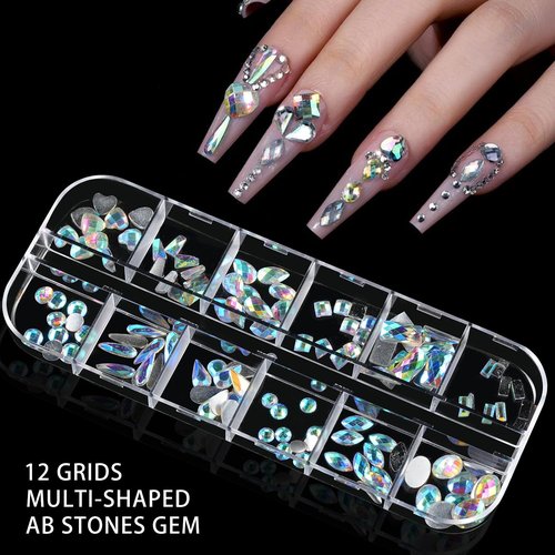 Nail Charms and Gems, Tucepu Nail Rhinestones Kit with 6 Boxes of Nail Gems, Colorful Clear Flatback Rhinestones 3D Charms for Nails， 3 Jewelry Glue
