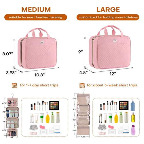 BAFAMYE Toiletry Bag Travel Bag with Hanging Hook, Water-Resistant Makeup Cosmetic Bag Organizer for Accessories, Full-Size Shampoo and Toiletries, Large, Light Pink, BAF-019