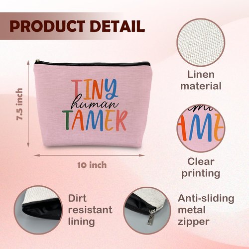 Supwhd Tiny Human Tamer Teacher Makeup Bag, Funny Cosmetic Pouch Zipper Pouch, Small Makeup Bag for Purse (Pink)