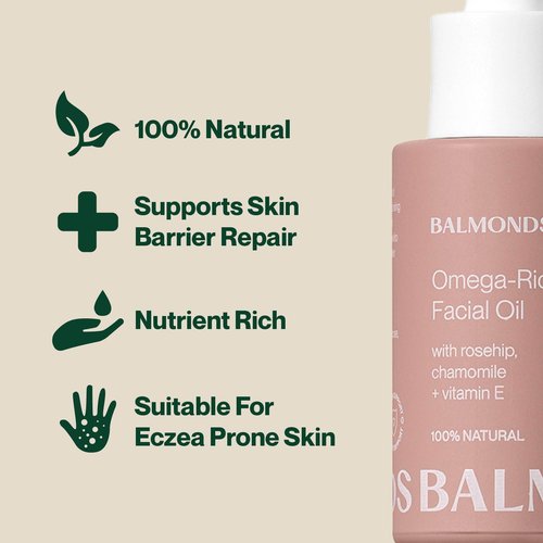 Balmonds Omega Rich Facial Oil, 100% Natural Skin Oil for Dry & Sensitive Skin, Fragrance Free & Made with Vitamin E Oil, Vegan & Cruelty Free (1.1 oz)