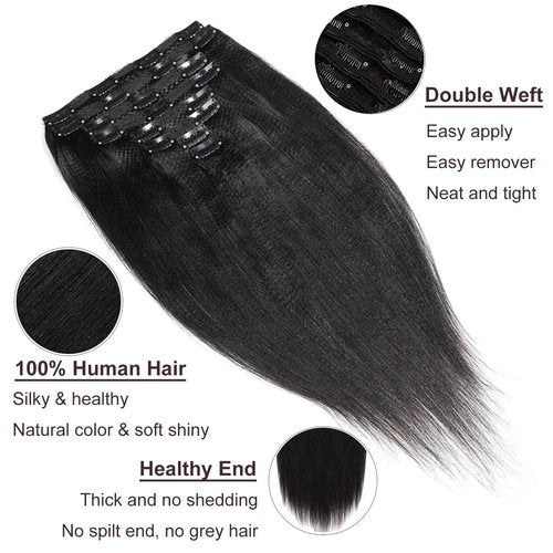 AIKAUR YaKi Straight Human Hair Clip in Extensions 120g Full Head for Women 100% Unprocessed Brazilian Virgin Human Clip ins Remy Hair Natural Black 8Pcs 22inch
