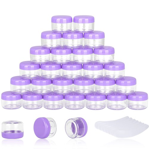100PCS 5 Gram Sample Containers, 5ml Empty Jars with Lids, Small Cosmetic Containers, Mini Sample Jars with 8PCS Mini Spatulas for Make Up, Oils, Lotion, Powder, Paint, Jewelry, Lip Balms(Purple Lid)