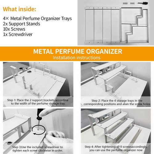 GOENDR Cologne Organizer for Men, 4 Tier All Metal Perfume Organizer Stand, Versatile Step Display Risers Shelf for Fragrance, Skincare, Figurine, Cupcake, Dessert, Spice, 1 Set White