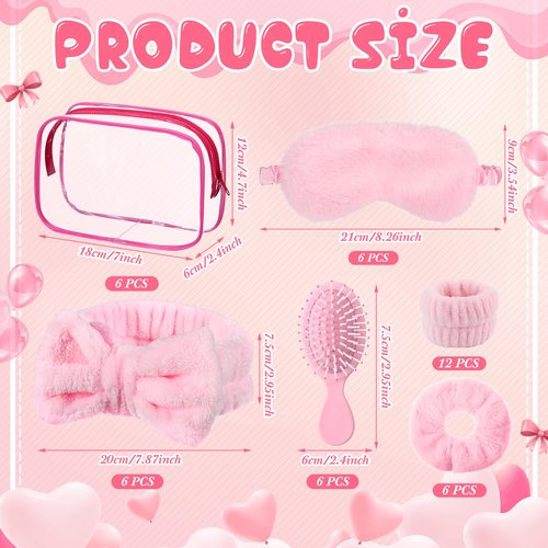 Daifunli 36 Pieces Pink Spa Sleepover Party Favors 6 Pink Spa Headband 6 Plush Sleep Eye Mask 6 Velvet Scrunchies 6 Wristband 6 Hair Brush 6 Clear Cosmetic Bags for Slumber Party Favor Gift