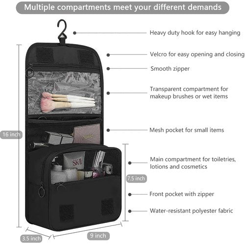 IMCUZUR Hanging Travel Toiletry Bag for Women, Water-resistant Makeup Bag Cosmetic Organizer for Traveling Accessories Toiletries (Black)