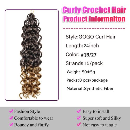 Gogo Curl Crochet Hair 8 Packs Ocean Wave Beach Curl Crochet Hair Pre Looped Long Deep Wave Hair Extension Synthetic Braiding Hair for Women Natural Black 24 Inch 1B/27