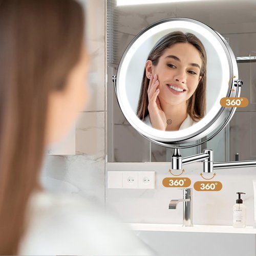 FASCINATE Rechargeable Wall Mounted Makeup Mirror with Lights and Magnification, 8 Inch Double Sided 1X 10X Magnifying Bathroom Mirror with 3 Color Lights & 360° Rotation Vanity Mirror - Chrome