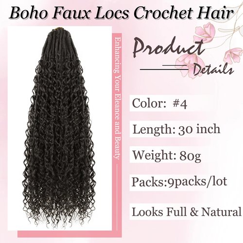 Haftaluv Boho Faux Locs Crochet Hair 9 Packs Long Goddess locs 30 Inch Boho Soft Locs With Curly Ends Pre Looped Bohemian River Loc Crochet Hair For Women (30 inch,#4)