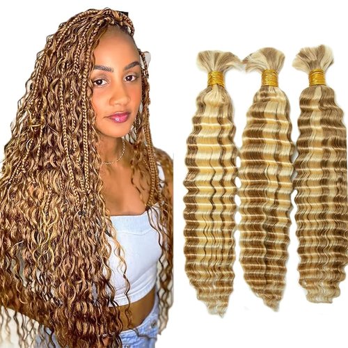 P27/613 Blonde Human Braiding Hair Deep Wave Bulk 18 18 18 Inch Human Hair Weave 3 Bundle Unprocessed Brazilian Virgin Hair Honey Blonde Deep Wave Braiding Hair Extensions 50 Grams/Bundle