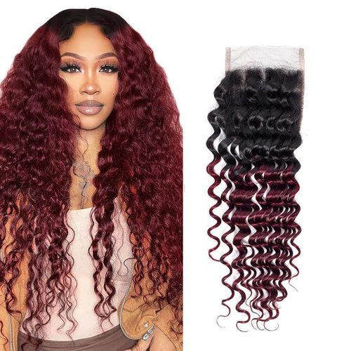 1B/99j Red Deep Wave Black Burgundy Curly Closure Human Hair 4x4 HD Transparent Lace 20 Inch High Density Brazilian Unprocessed Virgin Hair Wet And Wavy For Woman