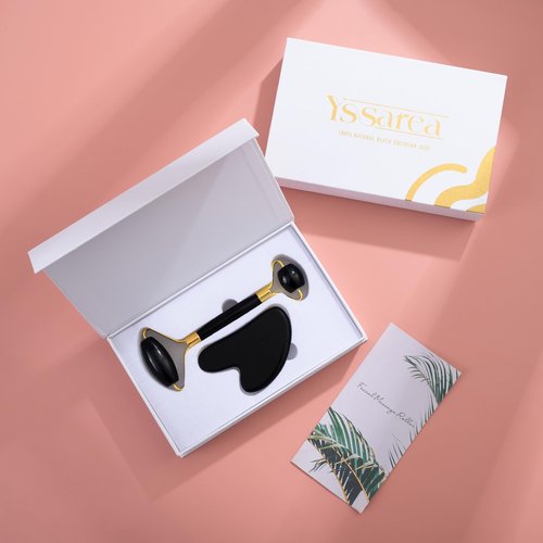 Yssarea Obsidian Roller and Gua Sha - Face Roller | 100% Natural Obsidian Stone Set | Dual Sided Face Massager | Reduces Signs of Aging