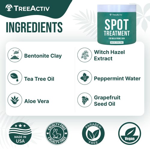 TreeActiv Milia & Acne Spot Cream 3 Items Tool Kit, Eye Milia Remover, Includes 0.5oz Overnight Milia Remover Cream with Bentonite Clay and Aloe Vera, Milia Extractor Tool Kit Acne Treat