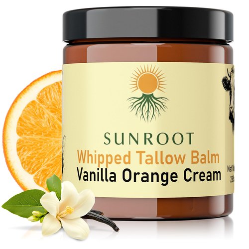Sunroot Naturals Whipped Tallow Balm, Vanilla Orange Cream Moisturizer, Natural Ingredients, Glass Jar, 2.85 oz, Face and Body Care