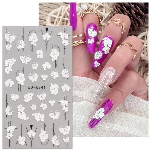 JMEOWIO 3D Embossed Flower Nail Art Stickers Decals Self-Adhesive 5D Spring Summer Flora Nail Supplies Nail Art Design Decoration Accessories 4 Sheets