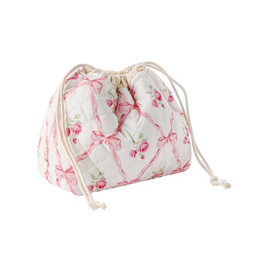 RSRSLEII Small Cotton Quilted Drawstring Makeup Bag, Cute Coquette Drawstring Cosmetic Bag with Canvas Lining, Aesthetic Travel Organized Toiletry Bags for Purse (Drawstring Pinkbows)