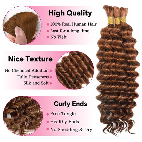 Brown Human Braiding Hair for Boho Braids 150g 20 20 20 Inch Curly Boho Hair for Braiding Knotless Color 30 Deep Wave Bulk Bohemian 3 Bundles/Pack