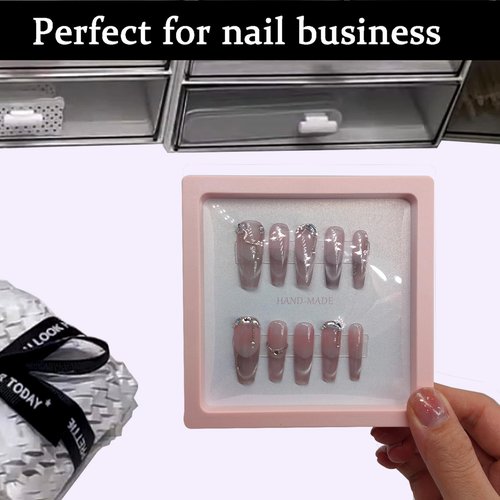 GUXACU Press On Nail Packaging Boxes 3D Floating Press On Nail Storage Box Nail Display Box with 60pcs Double Sided Adhesive Nail Display Tape for Nail Tech (Pink, 4.3 inch)