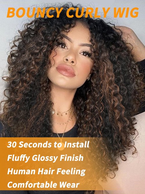 TENACOO Ombre Brown Glueless Curly Wig Brown Highlight Synthetic Lace Front Wig 24 Inch Deep Wave 4x1 Lace Closure Dark Brown Long Curly Wigs for Black White Women (Ombre Brown-24 Inches)