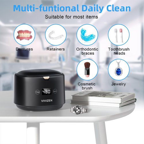 VIVIZEN Ultrasonic Retainer Cleaner Machine Sonic Dental Cleaning Machine for Dentures, Aligners, Braces, Mouth Guards, Jewelry, Portable 30W/45kHz (Black)