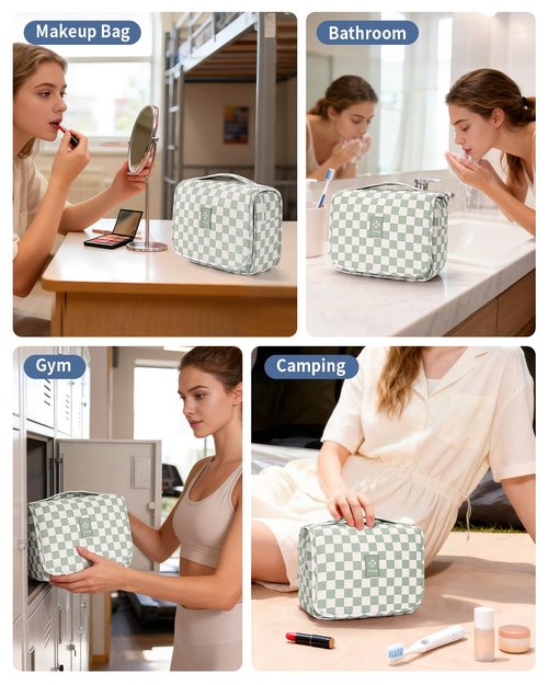 Narwey Small Hanging Travel Toiletry Bag for Traveling Women, Checkered Travel Bag for Toiletries, Makeup Bag Organizer Make Up Cosmetic Bags (Mint Green Checkerboard)