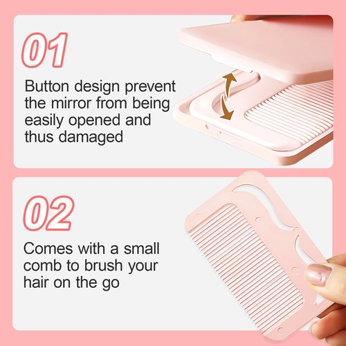 Jurrissa Protable Folding Mirror with Case, Compact Travel Mirror with Hair Comb for Purse Bag, Small Pocket Makeup Mirror for Women Girls,Easy to Carry(Pink)