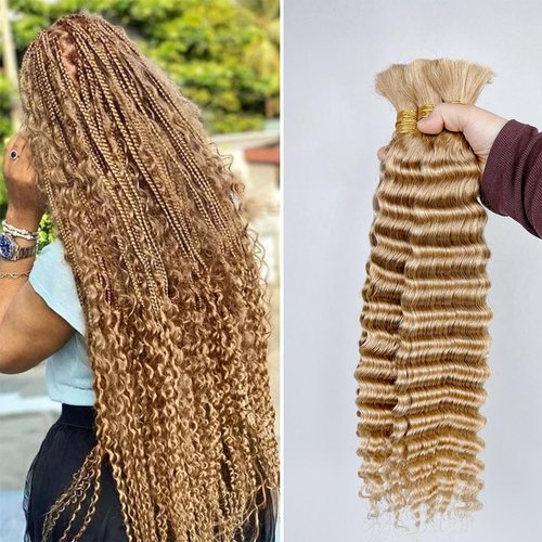 Human Braiding Hair 27#Honer Blonde Deep Wave Bulk Human Hair For Braiding Hair Extensions No Weft 1 Bundle 100g Micro Braiding Human Hair for Boho Knotless Braids Human Hair (16 Inch,27#,100g)