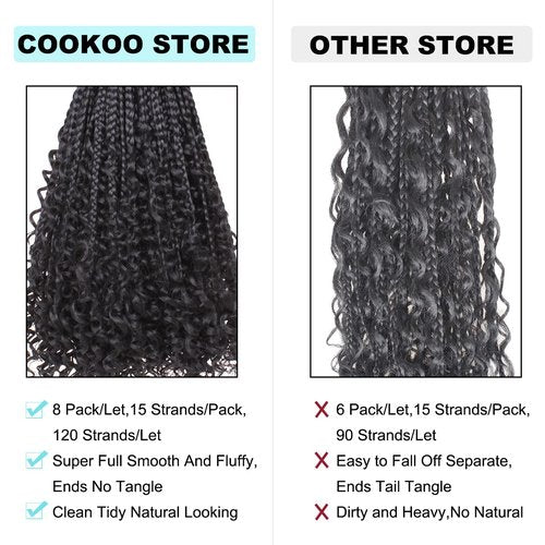 COOKOO 22 Inch Goddess Box Braids Crochet Hair for Women 8 Packs Synthetic Hippie Pre Looped Bohemian Boho Box Braids With Curly Ends Twist Braiding Hair 53#
