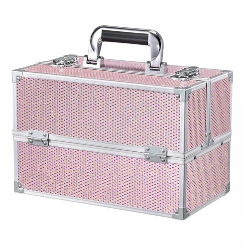 Joligrace Professional Makeup Train Case, Pink Rhinestone Pattern, Aluminum Frame, 12.5x8.2x7 Inch, 4 Adjustable Trays, Lockable, Travel Organizer