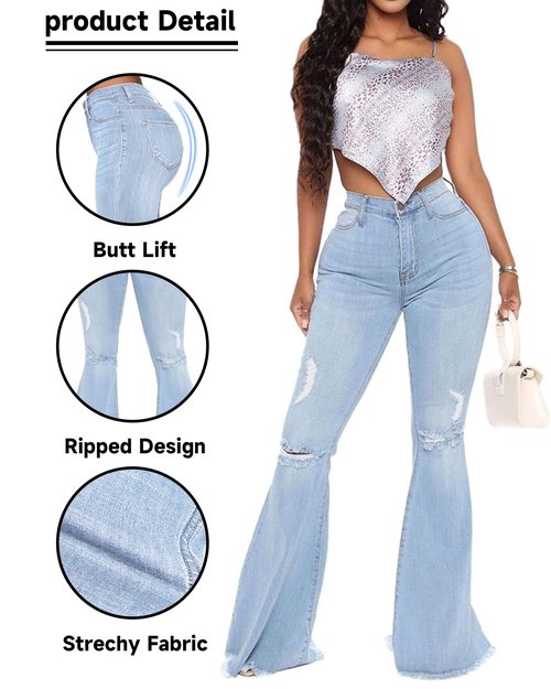 Women Destoryed Flare Jeans Elastic Waist Ripped Bell Bottom Raw Hem Stretch Denim Pants (Light Blue, Small)