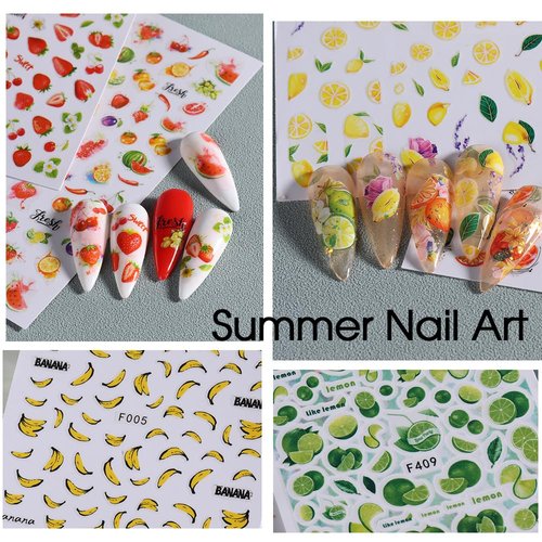 Fruits Nail Stickers Decals Kit - 14 pcs Summer Nail Art with Tweezers Decals Strawberry Lemon Designs Nail Supplies Cute Fun Self-Adhesive Sliders for Women Girls 3D Manicure Decoration