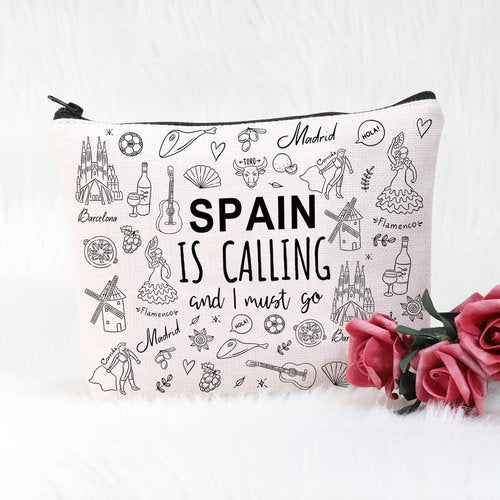 POFULL Spain Family Trip Gift Spain Is Calling And I Must Go Cosmetic Bag Spanish Honeymoon Gift (Spain Is Calling Cosmetic Bag)