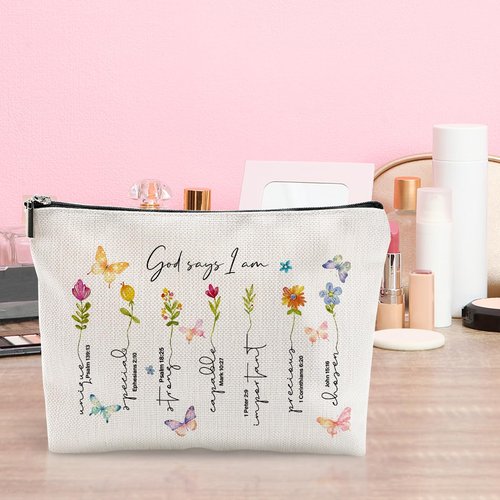 God Says I am Makeup Bag, Christian Gifts for Women, Bible Verse Floral Makeup Bag, Butterfly Inspirational Present, Toiletry Zipper Organizer Cosmetic Bag Travel Purse for Daughter Sister BFF