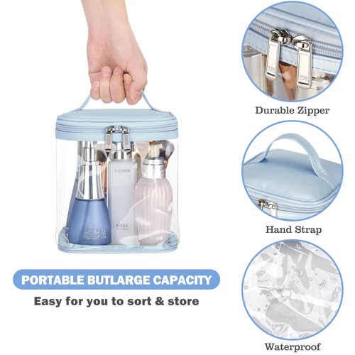 HAOGUAGUA Premium Clear Makeup Bag with Inner Pocket, Transparent Cosmetic Pouch for Travel or Everyday Use, Waterproof Beach Bag for Sunscreen Skincare (Blue 1pcs)