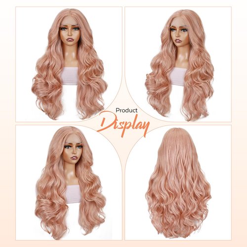 Lady Miranda Pink Synthetic Lace Front Wigs Kanekalon Fiber 26 Inch 13×4 Pre-Plucked Glueless Lace Front Long Wave Wigs with Baby Hair Ready to Wear Light Pink Wig Synthetic Wig for Black Women