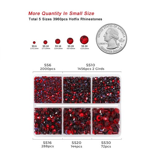 Hotfix Rhinestones 3960pcs, Red Rhinestone for Clothes, Hot Fix Crystals Rhinestones with Tweezers and Wax Pencil Kit,Mixed 5 Sizes, SS6-SS30, Siam