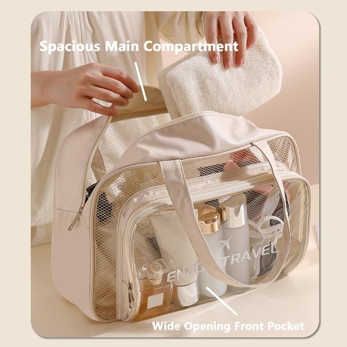 DAPOWER Travel Toiletry Bag for Women and Men, Beach Bag Waterproof Sandproof, Large Clear Tote for Gym Pool Beach Summer Vacation (Beige)