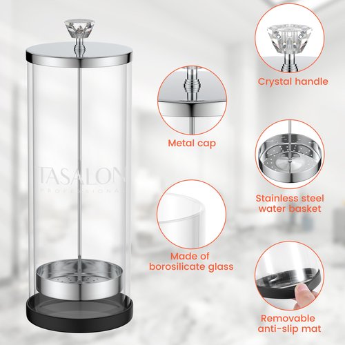 TASALON Barber Jar (45.5 oz) with Crystal Handle - Disinfectant Jar for Salon, Spa and Manicure Shop - Durable Glass and Sterilizing Container with Removable Stainless Steel Basket - Large