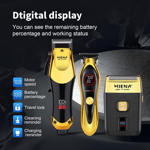 HIENA PRO Professional Hair Clippers Set, Cordless Hair Clipper for Barber Kit, USB-C Rechargeable Barber Clippers for Men with LED Display