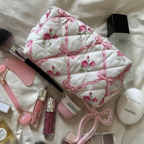Trnerm Small Makeup Bag Quilted Cosmetic Bag Coquette Makeup Pouch Makeup Organizer Pink Ribbons Small Travel Makeup Bag Travel Toiletry Bag for Women Girls
