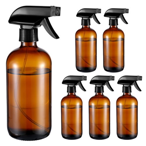 Pafeooui 6 Pack Amber Glass Spray Bottles, Refillable 16 oz Empty Bottle with Durable Adjustable Nozzles for Cleaning Solution, Spray Bottles for Hair, Plants, Cleaner, Essential Oil