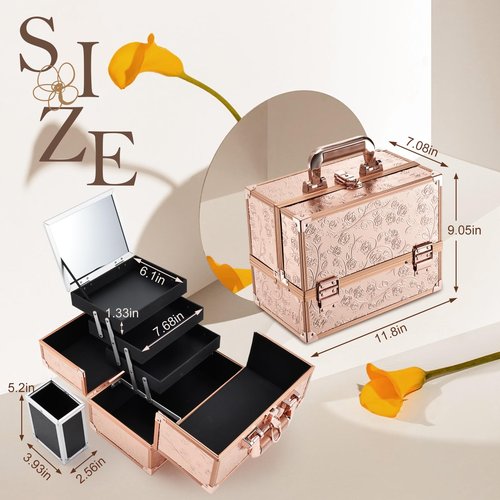 FRENESSA Makeup Case 11.8 Inch Makeup Organizer Case Large Cosmetic Box with Mirror Portable 3 Trays Travel Storage Box for Make Up Nail Tech Kits Cosmetology Case 3D Rose Gold Floral