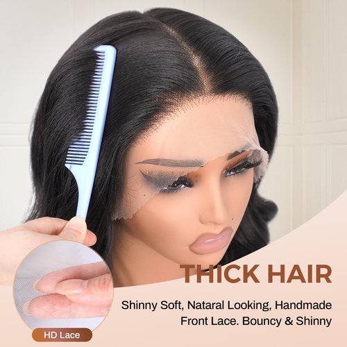 Emistar 16 Inch Body Wave 13x6 HD Lace Front Wigs Blend Human Hair 180% Density Bob Wig Pre Plucked Short Bob Wigs for Black Women Glueless Frontal Wig Synthetic Hair Natural Black Loose Wavy