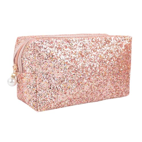 RIAH FASHION Pouch Clutch Organizer Bag - Travel Cosmetic Makeup Toiletry Jewelry Cute Sequin Purse Adjustable Strap (Glitter Cosmetic Bag - Peach)