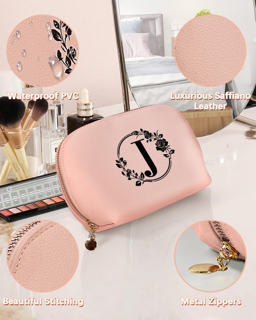 GiftPeak Travel Makeup Bag, Small Capacity Cosmetic Bags for Women Girls, Leather Zipper Waterproof Portable Pouch Open Flat Toiletry Bag, Birthday Gift For Daughter, Preppy Things For Girls (Pink J)