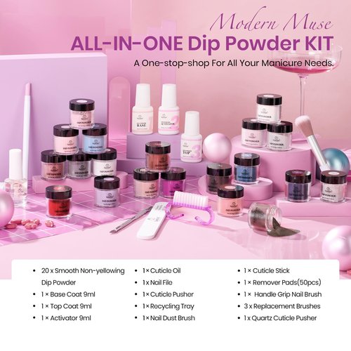 Beetles Dip Powder Nail Kit Starter, 20 Colors Nude Pink Blue Glitter Dipping Powder Set with Base Top Coat Activator for Nail Art Manicure Modern Muse Collection