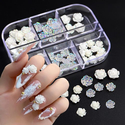 2 Boxes 3D Flower Nail Charms for Acrylic Nails, 12 Grids 3D Nail Art Flowers, Light Change Spring Summer Acrylic Flowers for Nails with Pearls Manicure DIY Nail Decorations (Camellia)