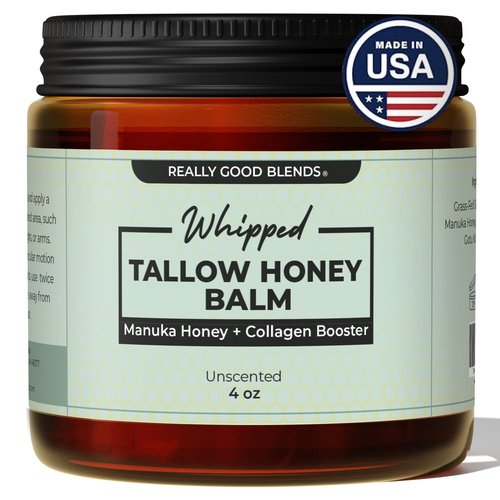 Whipped Tallow Balm with Manuka Honey – 4 oz | Collagen-Boosting Body Butter | 100% Organic Beef Tallow Moisturizer with Gotu Kola and Rosehip | Face, Body, and Skin Cream | Made in USA (Unscented)