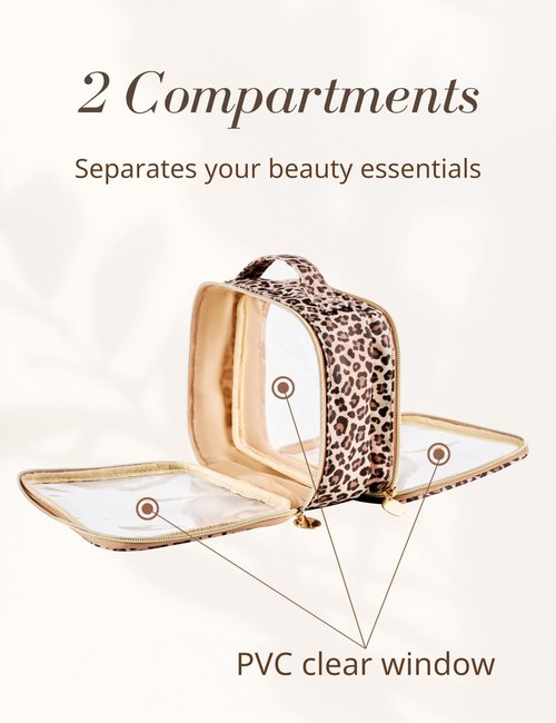 Yarnic Clear Leopard Travel Makeup Bag Transparent Cosmetic Pouch Portable Toiletry Bags Two Compartments Cosmetic Bag with Handle Nylon and PVC Make up Organizer Cheetah