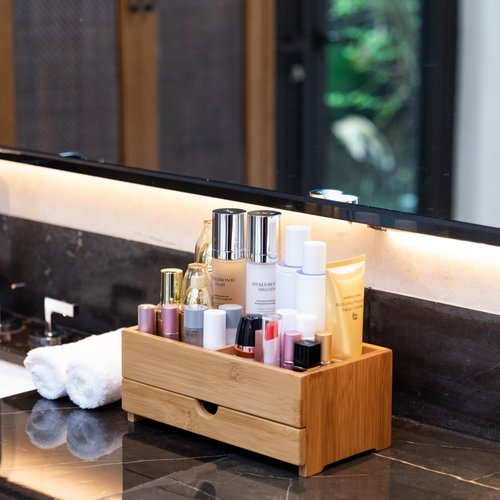 GOBAM Bamboo Makeup Organizer and Storage with Drawer, Wooden Cosmetic Organizer Countertop for Bathroom, Bedroom, Kitchen & Dresser, Desk Organizer with Drawers and Make up Vanity Station - Medium